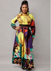 Printed Button Up Long Sleeve Turndown Collar Dress