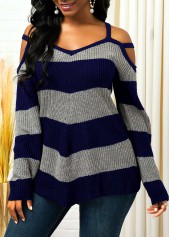 Striped Cold Shoulder Asymmetric Hem Sweater