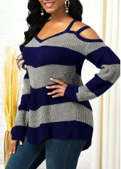 Striped Cold Shoulder Asymmetric Hem Sweater
