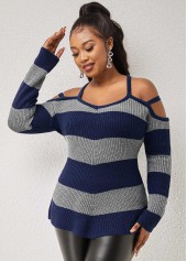 Striped Cold Shoulder Asymmetric Hem Sweater