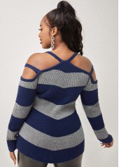 Striped Cold Shoulder Asymmetric Hem Sweater
