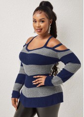 Striped Cold Shoulder Asymmetric Hem Sweater