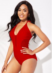 Red Halter Ladder Cutout One Piece Swimwear