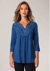 Solid 3/4 Sleeve Split Neck T Shirt