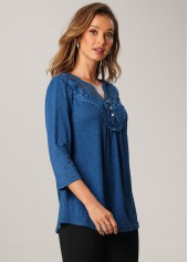 Solid 3/4 Sleeve Split Neck T Shirt