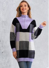 Quarter Zip Plaid Long Sleeve Sweater