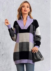 Quarter Zip Plaid Long Sleeve Sweater