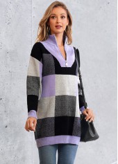 Quarter Zip Plaid Long Sleeve Sweater