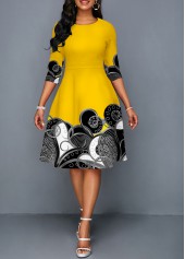 Tribal Print Three Quarters Sleeve Round Neck Dress