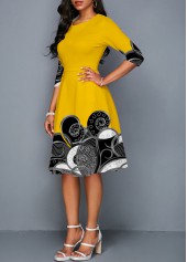 Tribal Print Three Quarters Sleeve Round Neck Dress