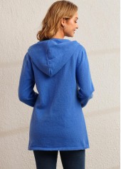 Blue Zipper Closure Hooded Collar Cardigan