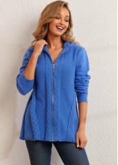 Blue Zipper Closure Hooded Collar Cardigan