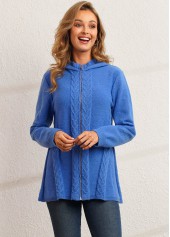 Blue Zipper Closure Hooded Collar Cardigan