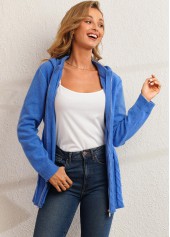 Blue Zipper Closure Hooded Collar Cardigan