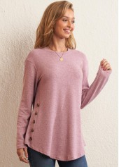 Pink Decorative Button Long Sleeve Round Neck T Shirt