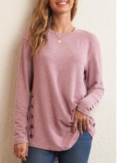 Pink Decorative Button Long Sleeve Round Neck T Shirt