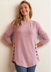 Pink Decorative Button Long Sleeve Round Neck T Shirt