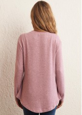 Pink Decorative Button Long Sleeve Round Neck T Shirt
