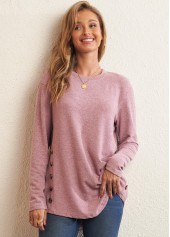Pink Decorative Button Long Sleeve Round Neck T Shirt