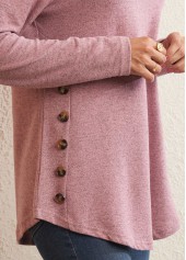 Pink Decorative Button Long Sleeve Round Neck T Shirt