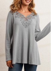 Lace Patchwork V Neck Grey T Shirt