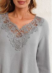 Lace Patchwork V Neck Grey T Shirt