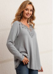 Lace Patchwork V Neck Grey T Shirt