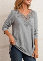 Lace Patchwork V Neck Grey T Shirt
