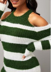 Stripe Print Cold Shoulder Long Sleeve Round Neck Sweater