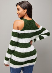 Stripe Print Cold Shoulder Long Sleeve Round Neck Sweater
