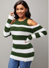 Stripe Print Cold Shoulder Long Sleeve Round Neck Sweater