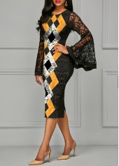 Lace Patchwork Round Neck Geometric Print Dress