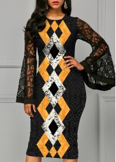 Lace Patchwork Round Neck Geometric Print Dress