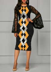 Lace Patchwork Round Neck Geometric Print Dress