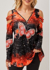 Butterfly Print Quarter Zip Cold Shoulder T Shirt