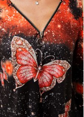Butterfly Print Quarter Zip Cold Shoulder T Shirt