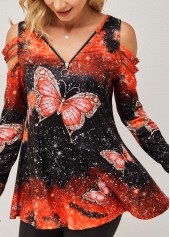 Butterfly Print Quarter Zip Cold Shoulder T Shirt