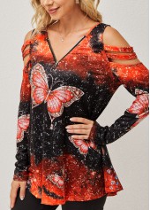 Butterfly Print Quarter Zip Cold Shoulder T Shirt