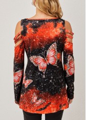 Butterfly Print Quarter Zip Cold Shoulder T Shirt