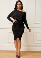 Black Skew Neck Ruched Cap Sleeve Dress