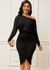 Black Skew Neck Ruched Cap Sleeve Dress