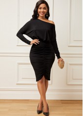 Black Skew Neck Ruched Cap Sleeve Dress