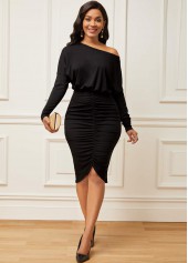 Black Skew Neck Ruched Cap Sleeve Dress