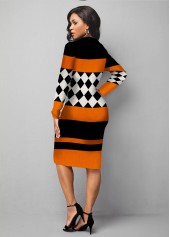 V Neck Plaid Long Sleeve Sweater Dress