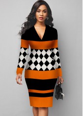 V Neck Plaid Long Sleeve Sweater Dress