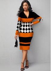 V Neck Plaid Long Sleeve Sweater Dress