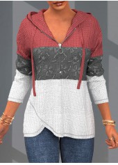 Plus Size Quarter Zip Drawstring Lace Stitching Hoodie