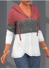 Plus Size Quarter Zip Drawstring Lace Stitching Hoodie