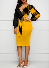 V Neck Plaid Belted Lantern Sleeve Dress