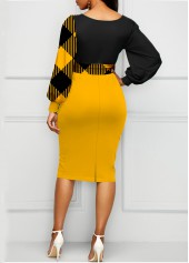 V Neck Plaid Belted Lantern Sleeve Dress